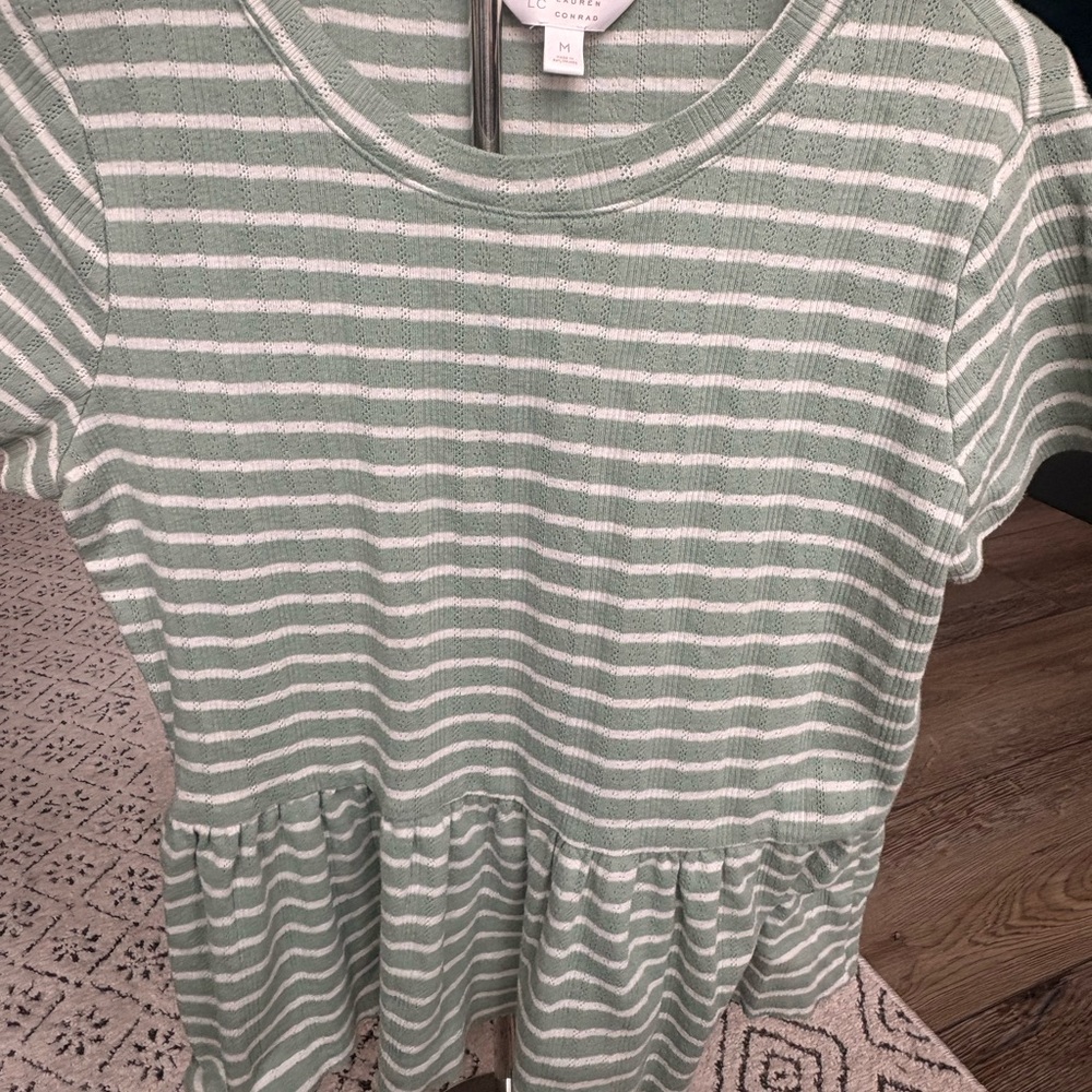 LC Lauren Conrad Green and White Striped Peplum Top